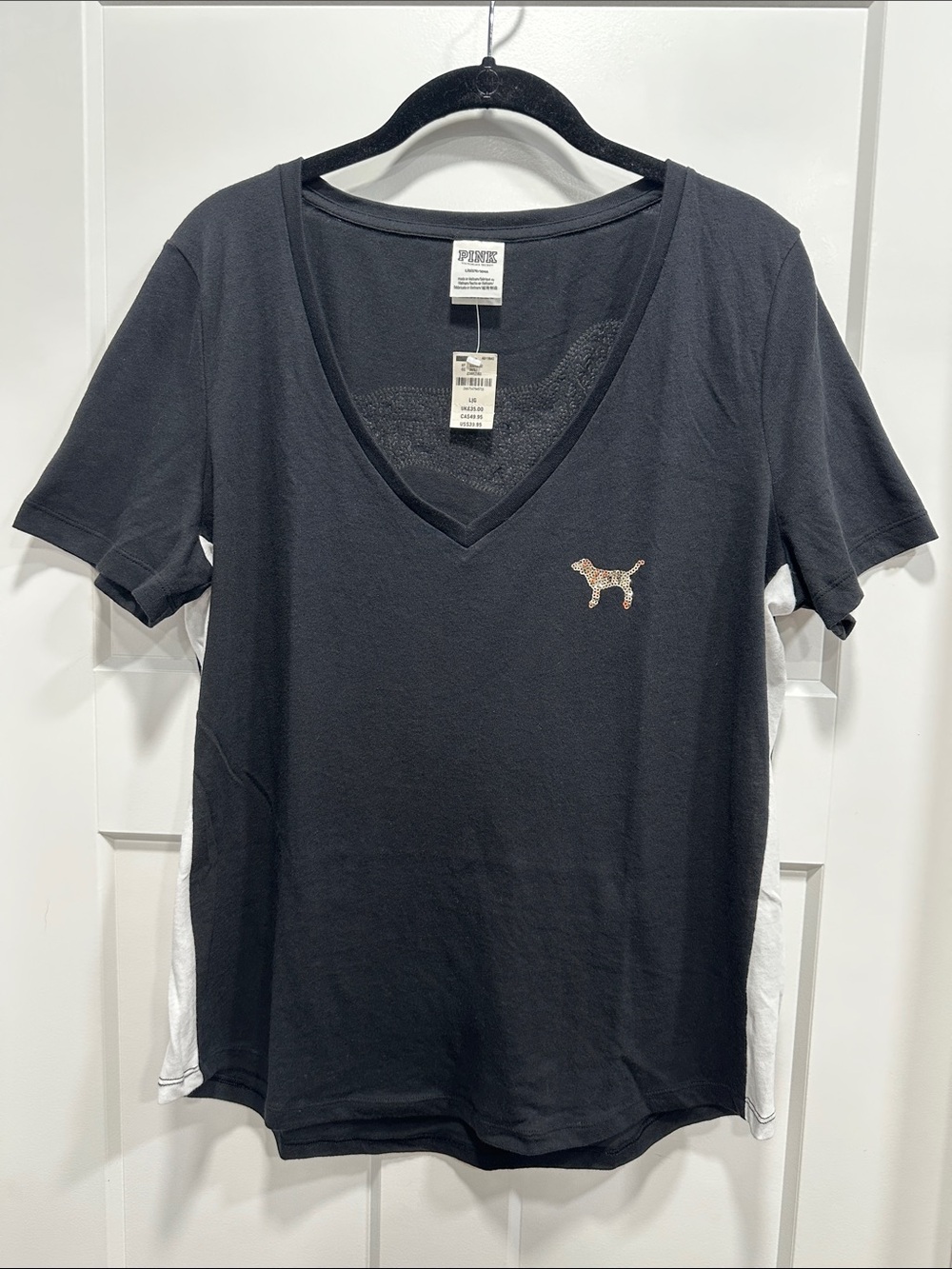 PINK VS Black V-Neck Tee With Gold Sequin Dog - Large